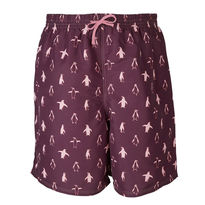 Brown men's swim shorts with penguid design 